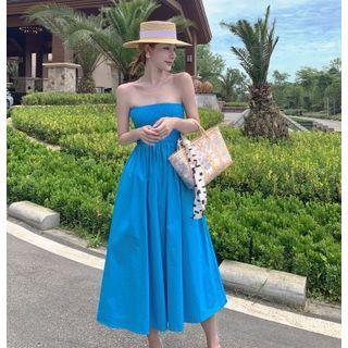Strapless Shirred Panel Midi A-line Dress