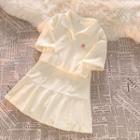 Short-sleeve Collar Cherry Embroidered T-shirt / Mini Pleated Skirt