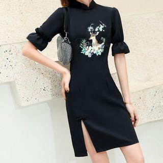 Deer Printed Flare Short-sleeve Mini Qipao