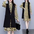 Set: Long-sleeve Patterned A-line Dress + Single-breasted Long Vest