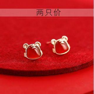 Gemstone Tiger Stud Earring 2 Pcs - Gold & Red - One Size