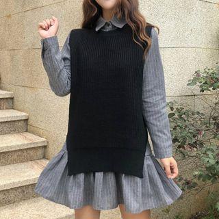 Striped Collared Dress / Crew-neck Knitted Vest