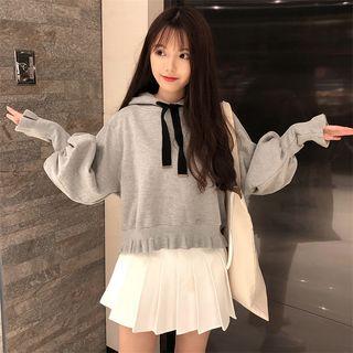 Lantern-sleeve Plain Hooded Sweatshirt