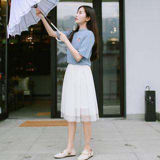 Set: Short-sleeve Knit Top + Mesh Skirt