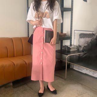 Elbow-sleeve Bear Print T-shirt / Midi Pencil Skirt