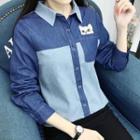 Cat Embroidered Color-block Denim Jacket
