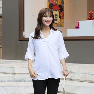 Open-placket Lace-sleeve Shirt