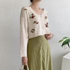 Flower-embroidered Cropped Cardigan Light Beige - One Size
