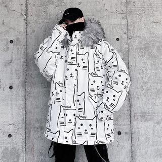 Faux Fur Trim Hooded Zip Cat Print Jacket