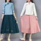 Set: Embroidered Long-sleeve Hanfu Top + Midi Skirt