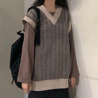 V-neck Contrast Color Knit Vest