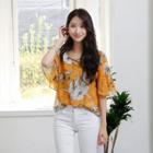 Fluttered Elbow-sleeve Printed Chiffon Top