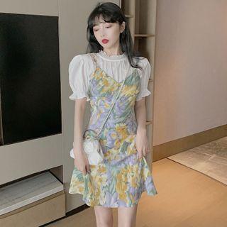 Short-sleeve Top / Spaghetti Strap Floral Dress