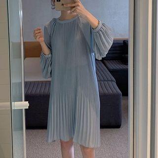 Lantern-sleeve Chiffon Pleated Dress