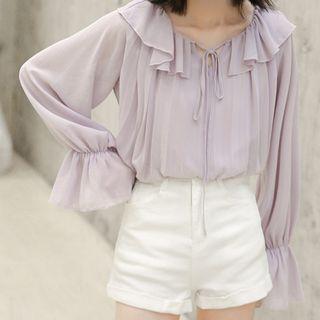 Long-sleeve Ruffled Chiffon Top Light Purple - One Size