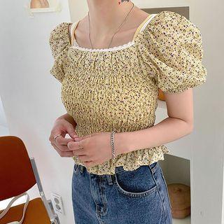 Puff-sleeve Smocked Floral Top