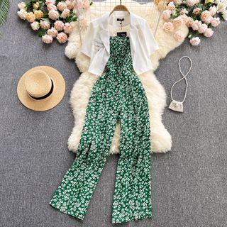 Set Of 2 : Short-sleeve Blazer + Floral Suspender Playsuit