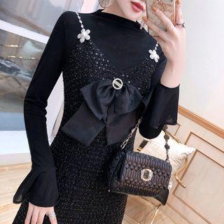 Set: Ribbed Knit Top + Sequined Pinafore Dress