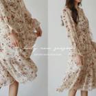 Tie-neck Ruffled Floral Long Dress