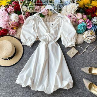 Bow-detail Twist Puff-sleeve Dress