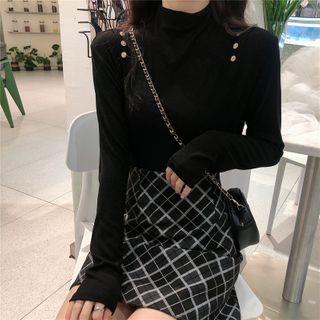 Semi Turtle-neck Plain Skinny Long-sleeve Top
