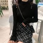 Semi Turtle-neck Plain Skinny Long-sleeve Top