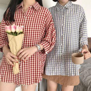 Set: Gingham Long-sleeve Blouse + Spaghetti Strap Top