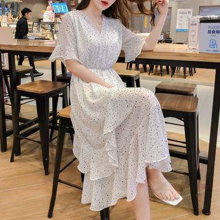 Short-sleeve Dotted Midi Layered Dress