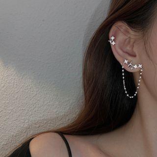 Star Chained Ear Stud 1 Pair - 925 Silver - Silver - One Size