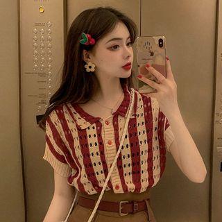 Striped Cutout Knit Sweater / Plain High-waist Shorts With Belt
