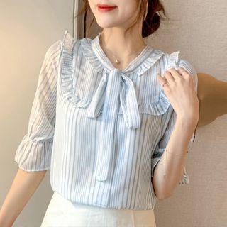 Tie-neck Striped Elbow-sleeve Blouse