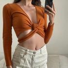Long Sleeve Knotted V-neck Crop Top