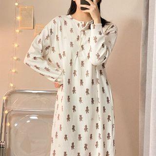 Long-sleeve Bear Print Knit Sleep Dress White - One Size