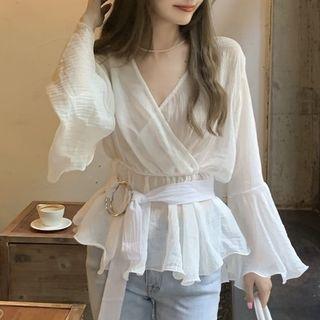 Flared-cuff Tie-side Blouse White - One Size