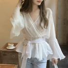 Flared-cuff Tie-side Blouse White - One Size
