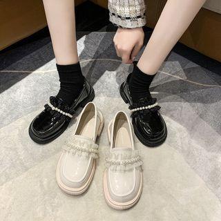 Faux Pearl Ruffle Trim Block Heel Loafers