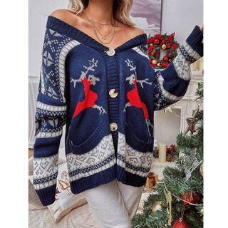Deer Print Cardigan Blue - One Size