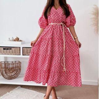 Puff-sleeve Print V-neck Midi Dress