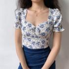 Floral Short-sleeve Tie-neck Cropped Blouse