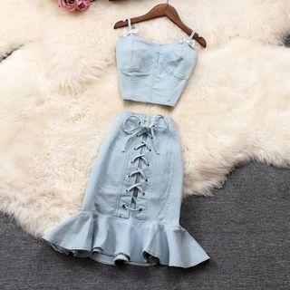 Set: Denim Camisole Top + Ruffle Hem Mini Pencil Skirt