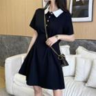 Elbow-sleeve Polo Neck Mini A-line Dress
