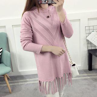 Perforated Fringed Long Sweater
