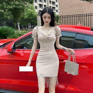 Fringed Hem Short-sleeve Mini Sheath Dress