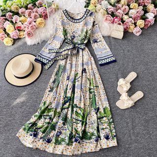 Tie-waist Elbow-sleeve Printed Maxi Dress