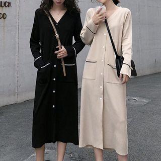 Single-breasted V-neck Long-sleeve Dress