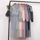 Set: Slipdress + Lace Trim Faux Pearl Long-sleeve Midi A-line Dress
