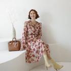 Frill-collar Rosette Chiffon Dress Beige - One Size