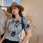Short-sleeve Cat Print Polo Knit Top Blue - One Size
