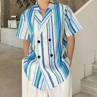 Elbow-sleeve Striped Double-breasted Blazer