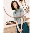 Set: Traditional Chinese Plaid Elbow-sleeve Blouse + A-line Skirt